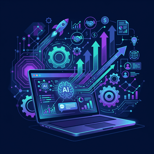 Inteligencia Artificial aplicada a negocios — laptop con dashboard de IA y métricas de crecimiento