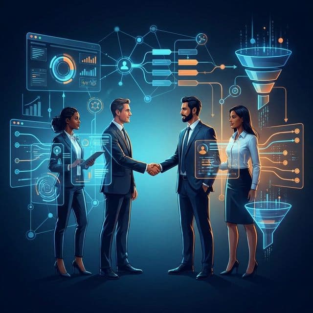 Profesionales de negocios cerrando acuerdos B2B con tecnología digital avanzada