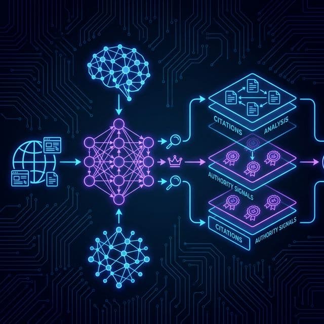 Red neuronal procesando contenido web con señales de autoridad y citaciones para GEO
