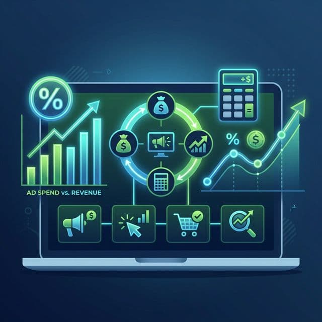 Dashboard mostrando cálculo de ROAS con métricas de retorno de inversión publicitaria