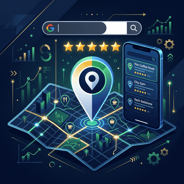 SEO local y Google Maps — mapa con pin de ubicación, estrellas de reseñas y resultados de búsqueda local